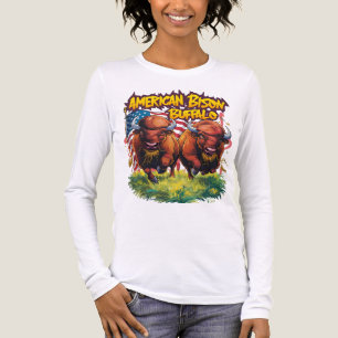 T-shirt En Tri-matière Deux bisons debout avant le drapeau américain