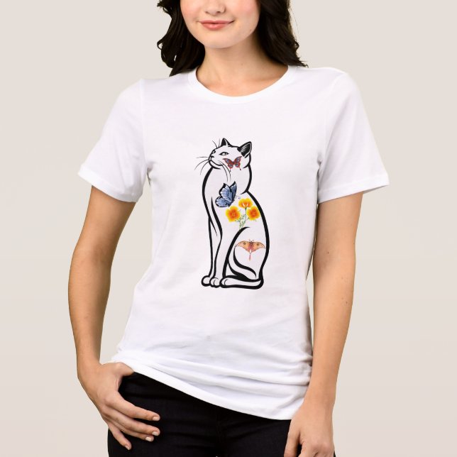 T-shirt En Tri-matière Elegant Cat Outline with Butterflies and Flower (Recto)