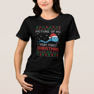T-shirt En Tri-matière Funny first Christmas with a Santa hat and an ugly