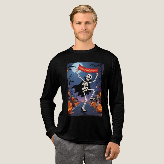 T-shirt En Tri-matière Funny Skeleton Dancing with "Happy Halloween" Bann (Recto complet)