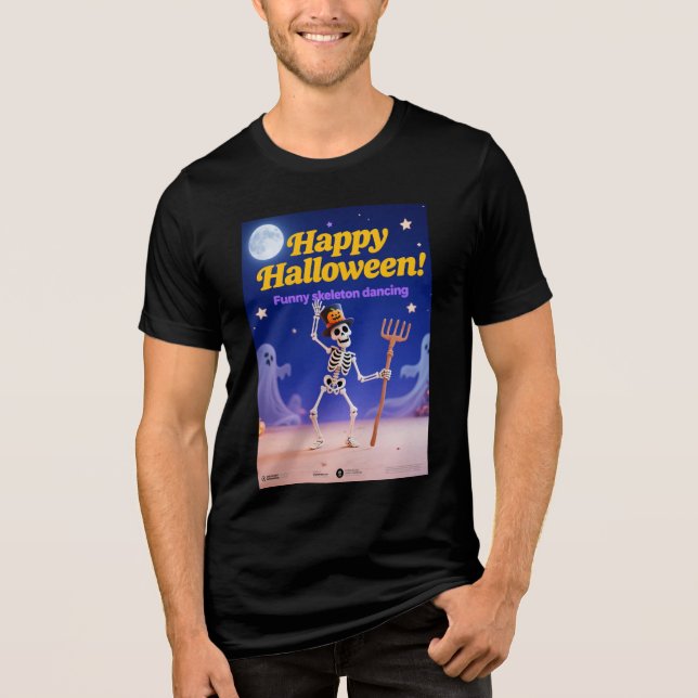 T-shirt En Tri-matière Funny Skeleton Dancing with "Happy Halloween" Bann (Recto)