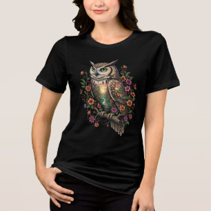 T-shirt En Tri-matière Hibou Mystique avec Fleurs de Paysage Fantastique