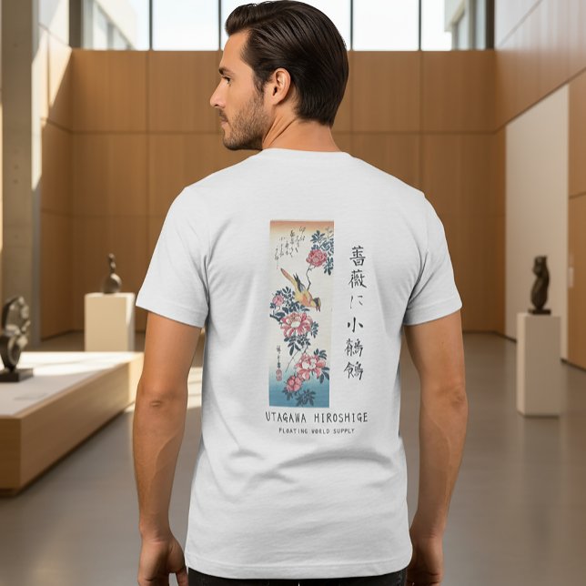 T-shirt En Tri-matière Hiroshige Rose and Wagtail Japanese Art White (Créateur téléchargé)