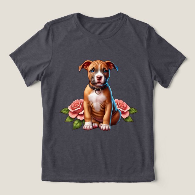 T-shirt En Tri-matière Joli chiot Brown avec Rose (Design Recto)