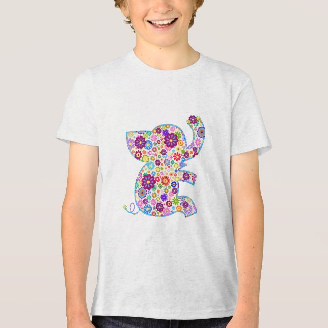T-shirt En Tri-matière Jolie Fleurs Rétro Style Cartoon Eléphant (Recto)