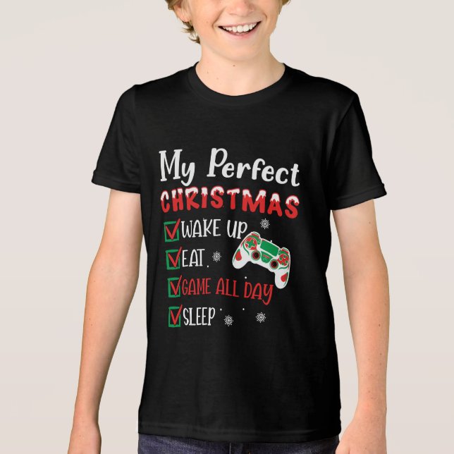 T-shirt En Tri-matière Joueur Noël Drôle Manger Dormir Jeu (Recto)