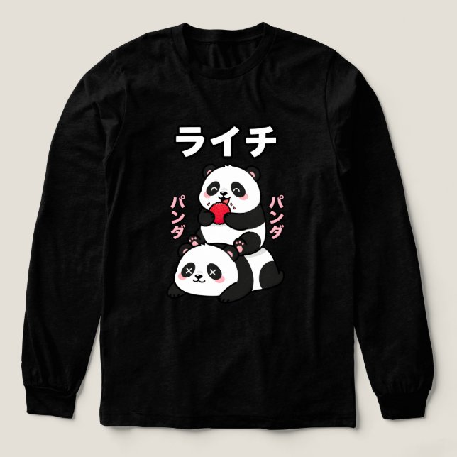 T-shirt En Tri-matière Kawaii Panda Stack Lychee Fruit Japanese Cartoon (Motif devant)