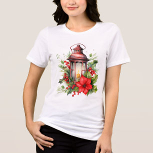 T-shirt En Tri-matière Lanterne rouge de Noël Poinsettia et pin