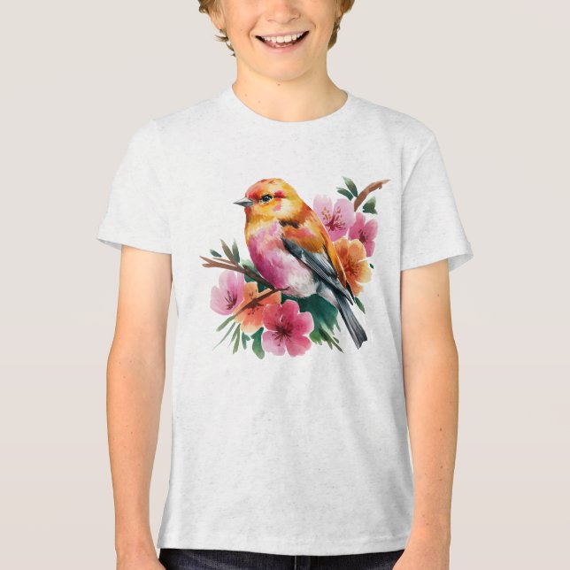 T-shirt En Tri-matière Oiseau à Fleur Rose (Recto)