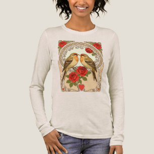 T-shirt En Tri-matière Oiseaux stylisés et roses rouges Art Nouveau