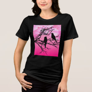 T-shirt En Tri-matière Oiseaux sur une branche, Noir contre Aube Rose