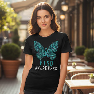 T-shirt En Tri-matière Papillon Ruban Sarcelle de Sensibilisation au SSPT
