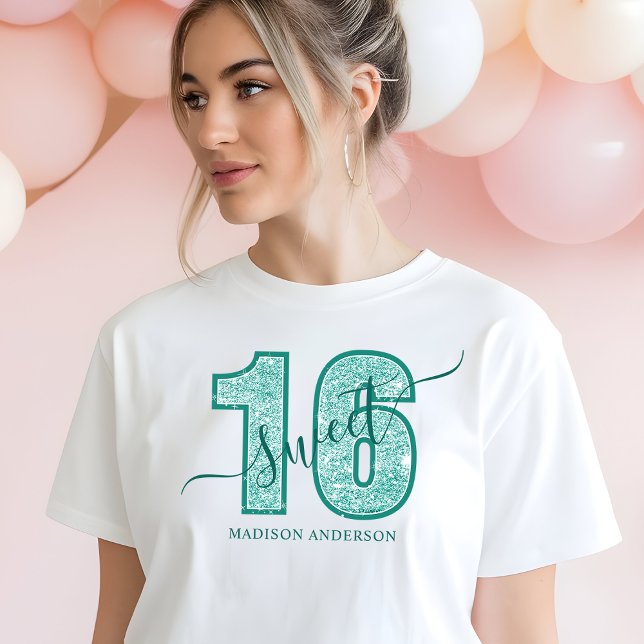 T-shirt En Tri-matière Parties scintillant turquoise Script Sweet 16 Anni (Créateur téléchargé)