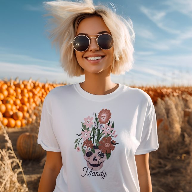 T-shirt En Tri-matière Plaisir Éffrayant floraison Halloween crâne (Fun Spooky Blooming Floral Halloween Skull T-Shirt)
