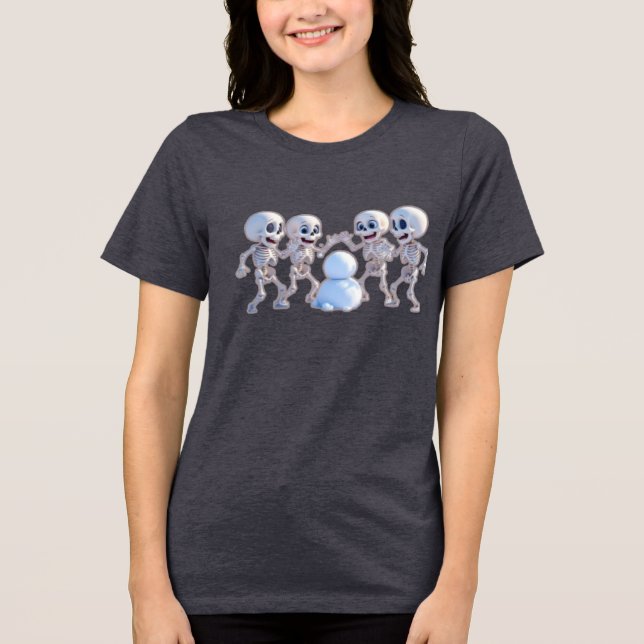 T-shirt En Tri-matière Playful Skeletons Building a Snowman – 3D Cartoon, (Recto)