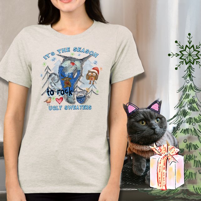 T-shirt En Tri-matière Roche hideuse pull drôle chat et souris blanc (Rock Ugly Sweater Funny Cat & Mouse white)