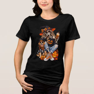 T-shirt En Tri-matière Sorcière squelette fille avec chien Halloween