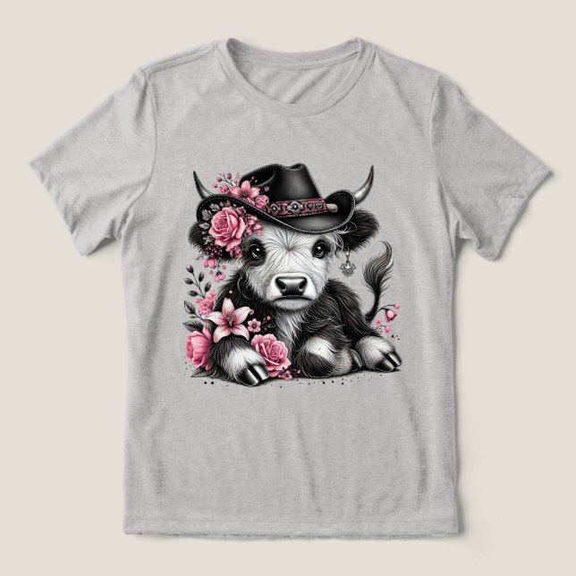 T-shirt En Tri-matière Vache Highland avec Casquette Floral (Design Recto)