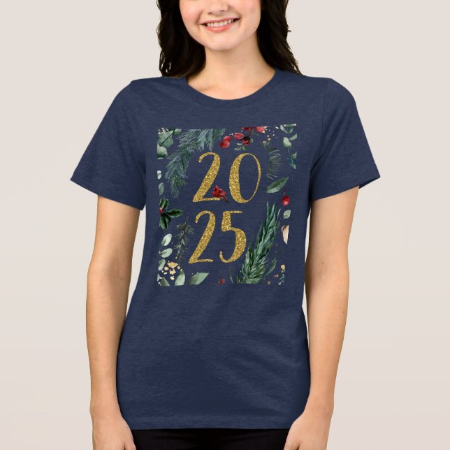 T-shirt En Tri-matière Verdure rustique 2025 Bleu Nouvel An Vacances (Recto)
