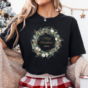 T-shirt En Tri-matière Vert épaisse de pin noir   Joyeux Noël d'or