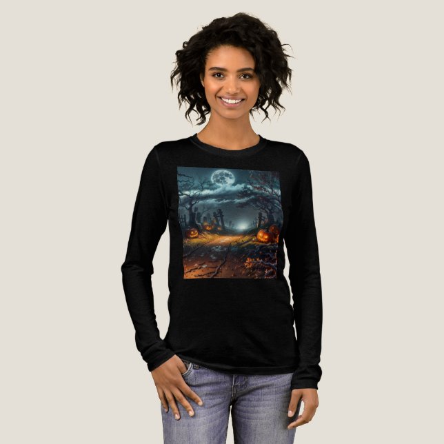 T-shirt En Tri-matière Women's long sleeve halloween pumpkins t-shirt  (Recto complet)