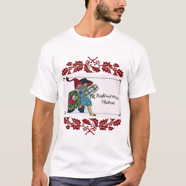 T-SHIRT ENFANTS AVEC CADEAUX DE NOËL ET FLORAUX ROUGE (Devant)