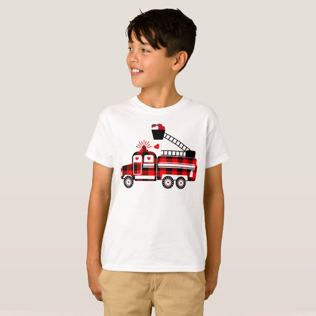 T-shirt Enfants Camions d'incendie Buffalo Plaid Coeur Val (Devant entier)