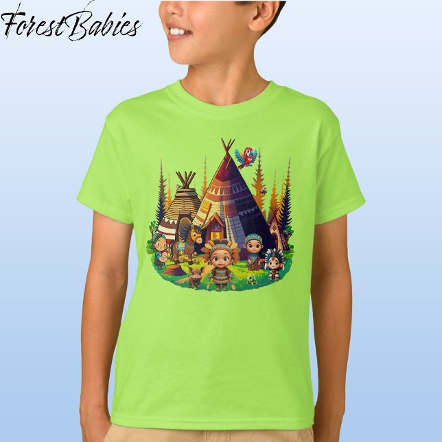 T-shirt Enfants indiens indigènes d'Amérique, Tipis & Anim (Indigenous, Green Customizable ForestBabies T-shirt - Front)