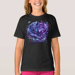 T-Shirt Enfants Mystic Galaxy Bleu Cosmic Wolf Art