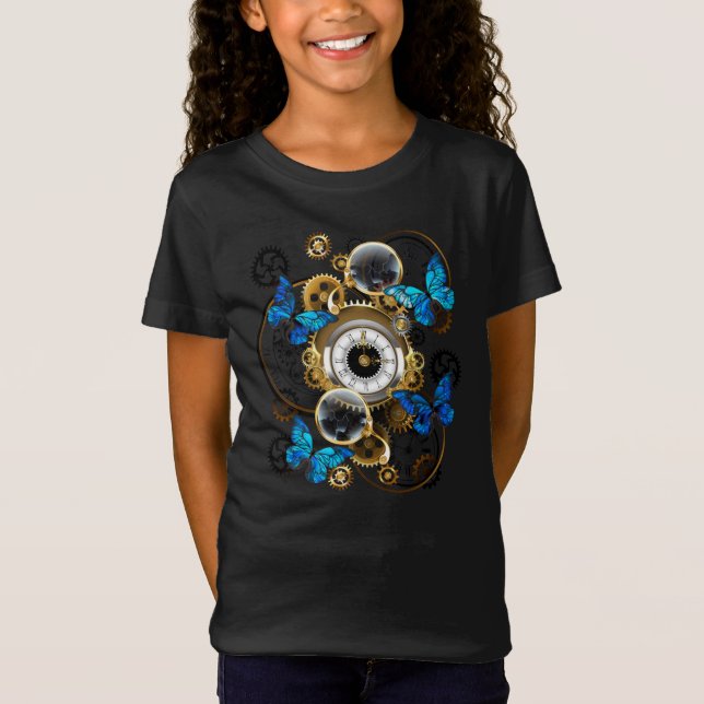T-Shirt Engrenages à vapeur et papillons bleus (Devant)