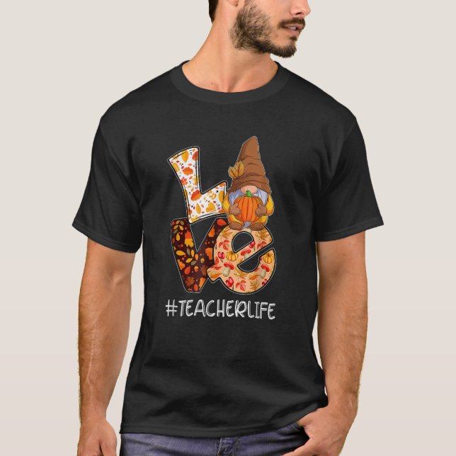 T-shirt Enseignant Vie Amour Automne Gnome Citrouille Merc (Devant)