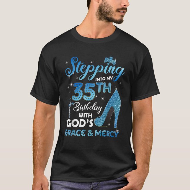 T-shirt Entrée en mon 35e anniversaire avec Dieu grâce moi (Devant)