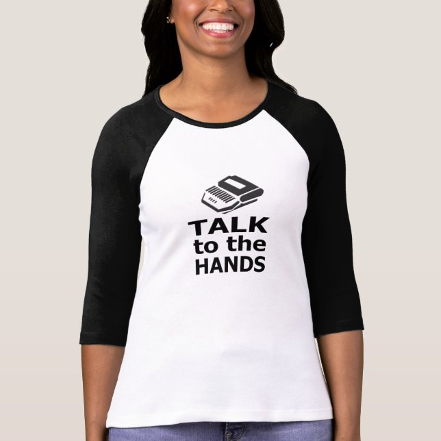 T-shirt Entretien au sténographe judiciaire de mains (Devant)