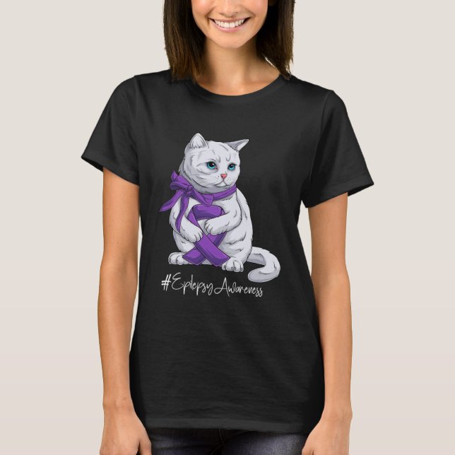 T-shirt Epilepsy Awareness Month Purple Ribbon Cat (Devant)