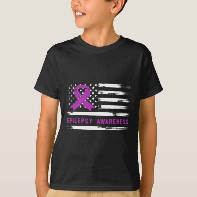 T-shirt Epilepsy Awarness American Flag Purple Ribbon  (Devant)
