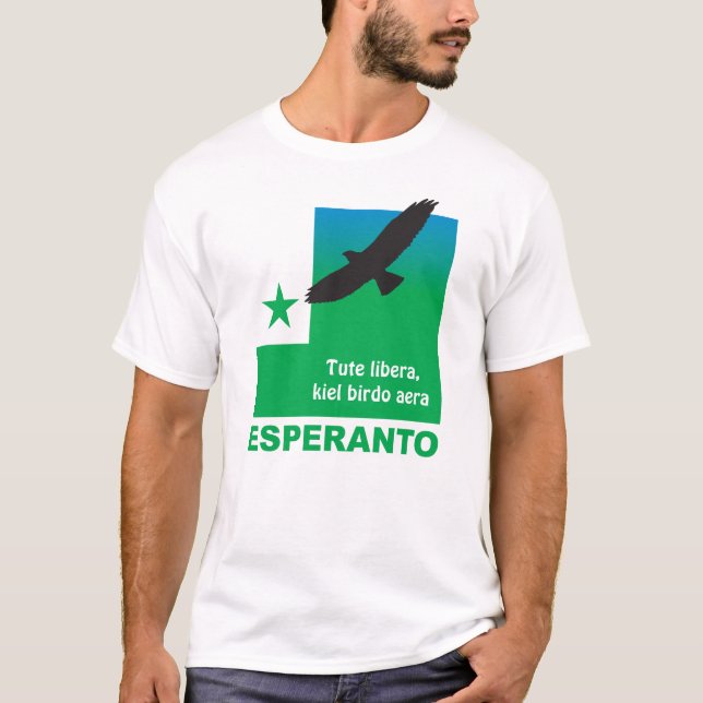 T-shirt Esperanto / "Tute libera, kiel birdo aera", (Devant)