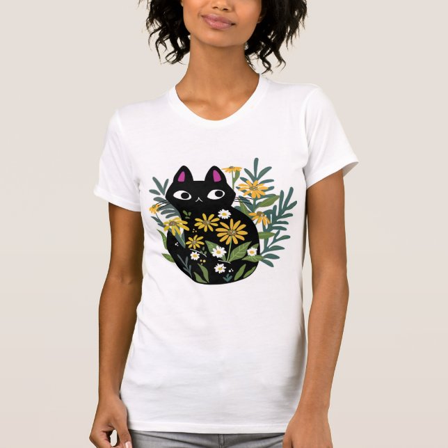 T-shirt essentiel, chat noir avec fleurs dessiné (Devant)
