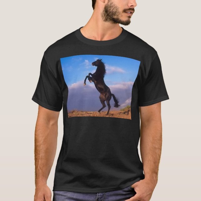 T-shirt Étalon noir sauvage élevant le cheval (Devant)