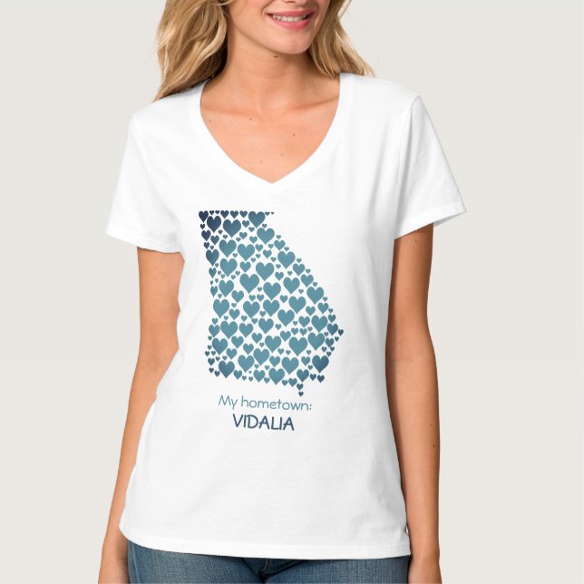 T-shirt État de Géorgie Silhouette Coeurs et ville natale (Devant)