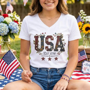 T-shirt États-Unis 1776 Floral Patriotique 250 Ans