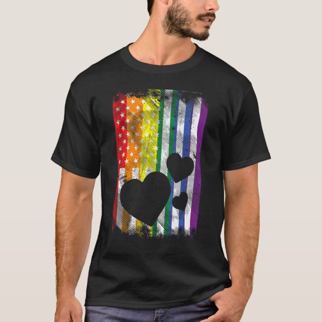 T-shirt États-Unis American Flag Hearts LGBTQ Rainbow Flag (Devant)