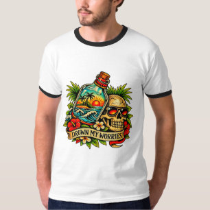 T-shirt Été Rétro Crâne Message dans une Bouteille Plage