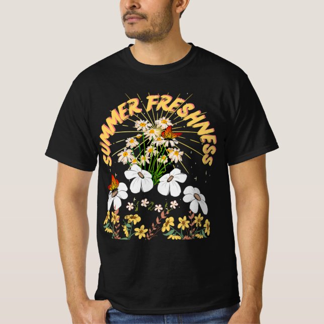 T-shirt Été sauvage Blanc Jaune Fleurs Rétro Boho (Devant)