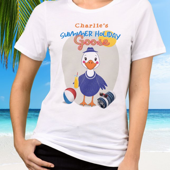 T-shirt Été Vacances Silly Goose Cute Cartoon (A personalized t-shirt with silly goose beach vacation picture and 'Summer Holiday Goose' words)