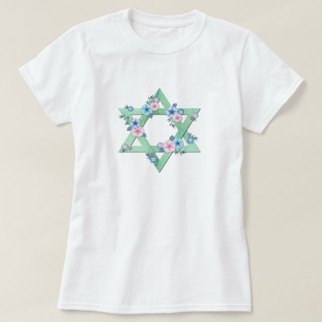T-shirt Etoile de David en vert clair avec fleurs pastel (Design devant)