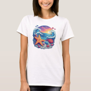 T-shirt Étoile de mer vibrante sur la plage avec des vague