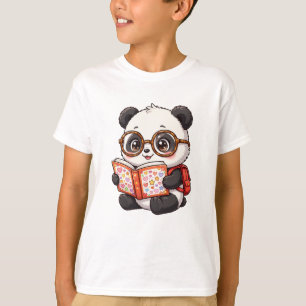 T-shirt Étudiant Panda Mignon Lisant un Livre de Cœurs