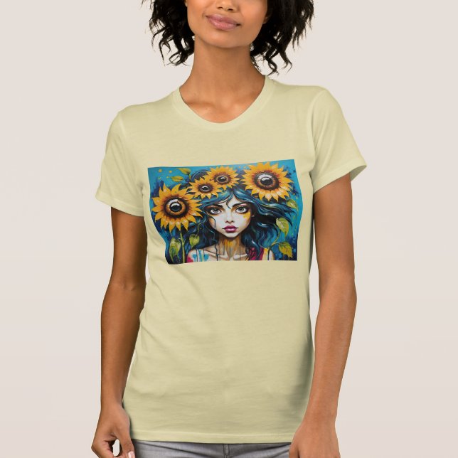 T-shirt Expressive Girl's Face With Sunflowers (Devant)
