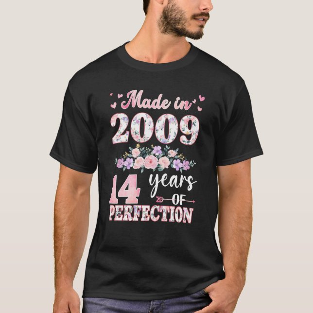 T-shirt Fabriqué En 2009 Floral 14 Ans 14ème Anniversaire  (Devant)