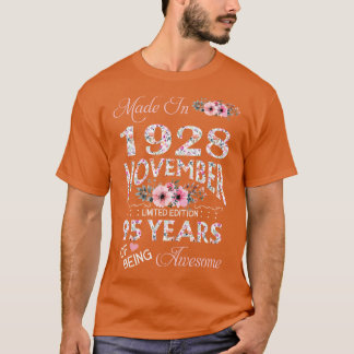 T-shirt Fabriqué En Novembre 1928 Floral 95 Ans D'Être